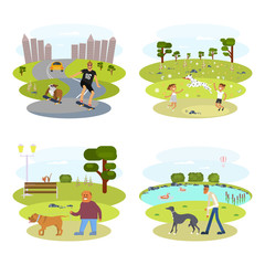 Obraz na płótnie Canvas People with Dogs set. Flat Cartoon Character of pet and his owner. Colorful Vector Illustration eps 10