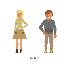 Man and woman in Military dress style suits isolated on white background. Vector illustration of people in formal clothes.