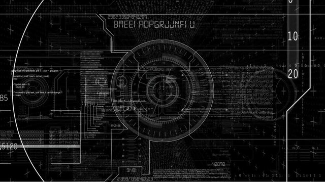 PNG Alpha.Futuristic intro.Camera FAST moves through digital target and HUD computer displays with running code text.Good for tech titles and background, news headline business intro screensaver.