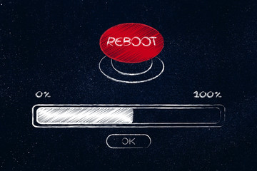 big red reboot button with progress bar loading - obrazy, fototapety, plakaty
