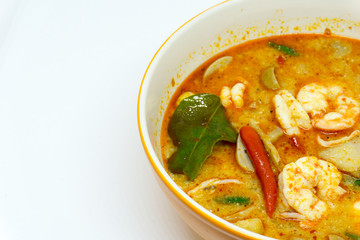 Home Made River prawn spicy soup in bowl or Tom Yum Kung. thai spicy food. with copy space