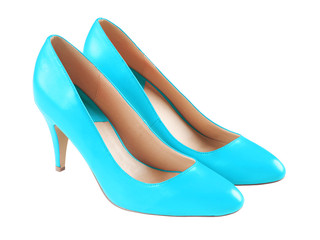 Spike mint blue green leather high heels isolated on white