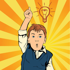 Children idea with draft lamp. Creative  boy came up with the idea. The man at work. Retro style pop art © Brazhyk