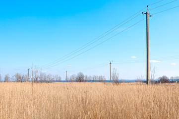 Power line on fade tall thick grass ears meadow against blue sky background
