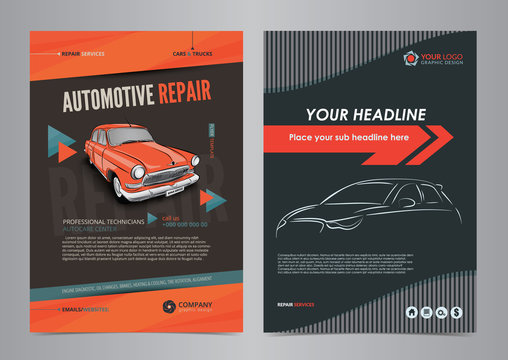 Auto Services Business Flyer Layout Templates, Automotive Repair Magazine Cover, Car Repair Shop Brochure, Mockup Flyer. Vector Illustration.