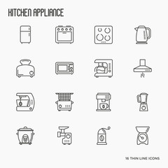Kitchen appliances thin line icons: refrigerator, coffee machine, microwave, fryer. Household vector illustration.