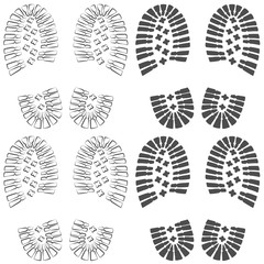 Set of two seamless patterns with a footprint of shoes. Vector illustration.