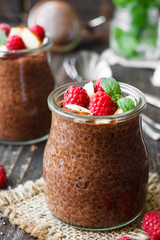 Chocolate pudding with chia seeds and raspberries