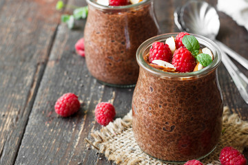 Chocolate pudding with chia seeds and raspberries
