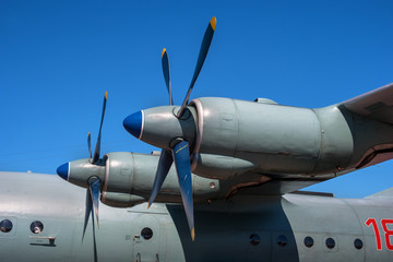 Turboprop engine with propeller. Close-up.