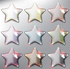 Abstract vector web buttons set of 9. Glossy stars. Isolated and transparent with glass shine and shadow on the light background. Vector illustration. Eps10.