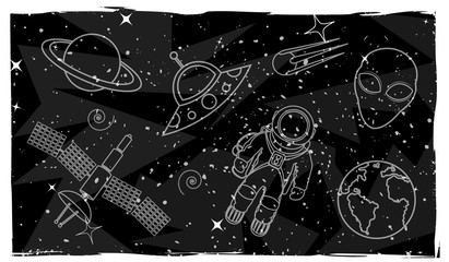 Cosmonaut, spaceships and aliens vector illustration