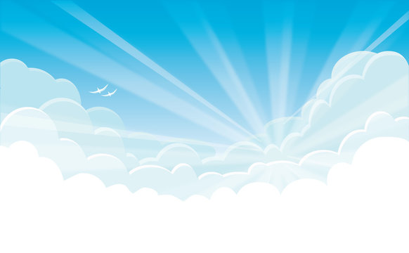 Vector Background - Blue Sky With White Clouds And Sunrise