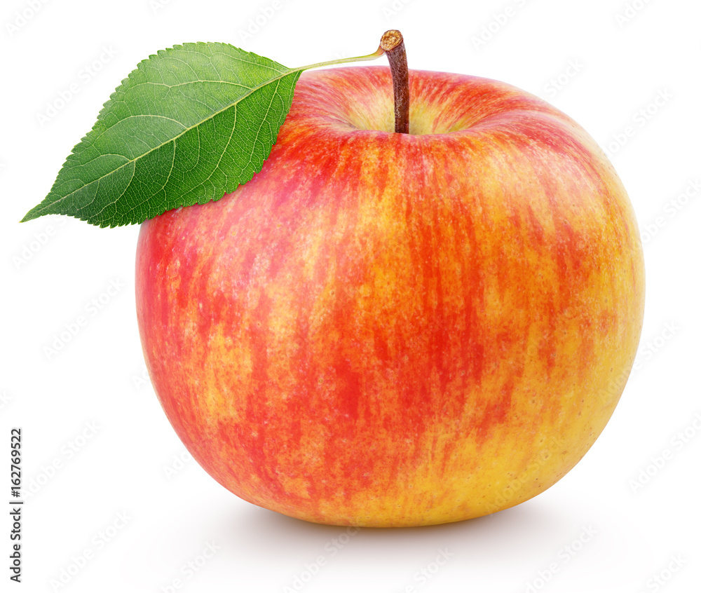 Wall mural single ripe red yellow apple fruit with green leaf isolated on white background with clipping path - Wall murals