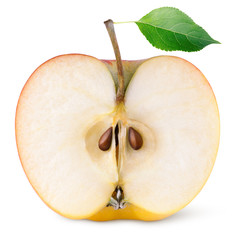 Front view of red yellow apple half fruit with green leaf isolated on white background. Half of apple and leaf with clipping path