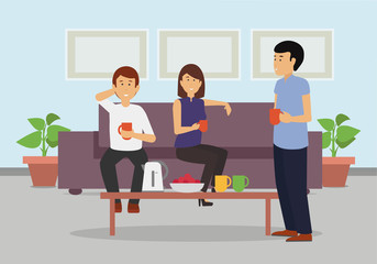 Three business colleagues enjoying coffee break at the office. Friendly conversation. Smiling colleagues concept illustration vector.
