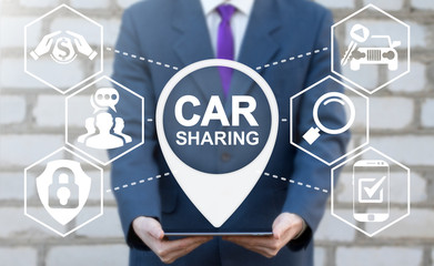 Car Sharing Business Concept. Automobile pooling cheap travel. Man offers tablet computer with location car sharing on virtual screen.