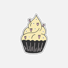 Sweet hand drawn cupcake. Isolated vector illustration in patch style. Great for stickers, embroidery, badges.