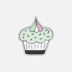 Sweet hand drawn cupcake. Isolated vector illustration in patch style. Great for stickers, embroidery, badges.