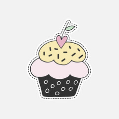Sweet hand drawn cupcake. Isolated vector illustration in patch style. Great for stickers, embroidery, badges.