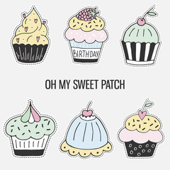 Set of colorful cartoon hand drawn cupcake. Isolated vector illustration in patch style.