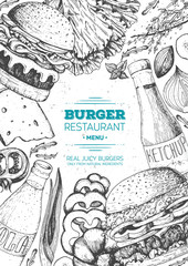 Burgers and ingredients for burgers vector illustration. Fast food, junk food frame. American food. Elements for burgers restaurant menu design. Engraved image, retro style.