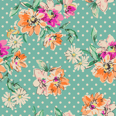 retro hand drawn flowers over polka dot background - seamless background