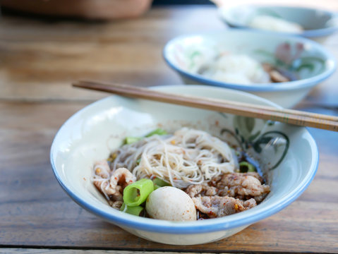 Thai Style Boat Noodle with meat ball and slice pork from cow or pig, spicy and hot from Thailand or Asian