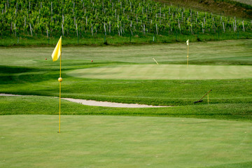Obraz premium Golf course in vineyards with yellow flag posts and bunker