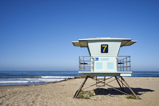 Close-up of lifeguard tower #7 on Ventura Beach, California