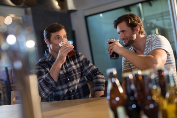 Male friends drinking beer while sitting at bar