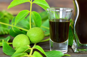 Close up of walnut liqueur in the glass