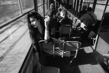Woman traveling inside the tram