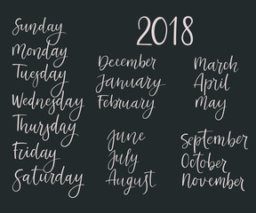 Handwritten Months, Days of Week. Modern Calligraphy. Isolated on White Background. Vector illustration for design calendar 2018, greeting card, planner, organizer, invitation.