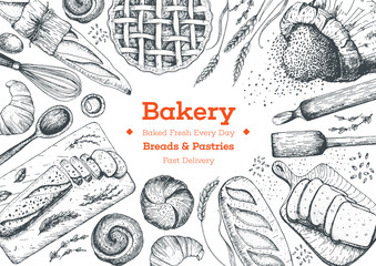 Bakery top view frame. Background template for design. Engraved food image.