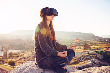 Woman with glasses of virtual reality. Future technology concept. Modern imaging technology.