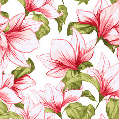 Panele Szklane  Wzór z kwiatów magnolii na białym tle. Świeże lato tropikalne kwitnące różowe kwiaty do projektowania tkanin tekstylnych. Ilustracja wektorowa