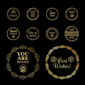 Round gold borders or frames set on the black background. Certificate and invitations and good wishes