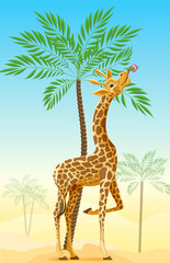 Giraffe eating the leaves of trees in the Savannah. Cartoon, vector