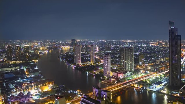 Time Lapse Bangkok at Night Aerial. 