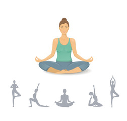 Young woman practicing yoga icon. beautiful women silhouettes in various poses. Healthy lifestyle. Vector set of yoga illustration. Set of stretching poses. Yoga class, yoga center.  background.