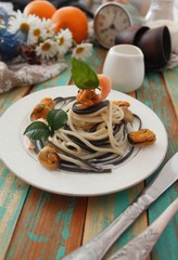 Colorful spaghetti pasta with seafood