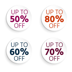 Round button, banner discount. Up to 50 off. Sale banner. Vector illustration with isolated design elements