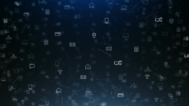 Networking Icons Fly Around Blue Background. networking and connection data icons float around and lines connect on dark blue background
