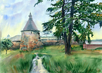 Fototapeta premium Watercolor painting. Landscape with old tower.