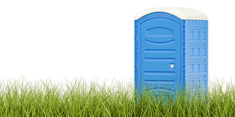 Portable blue toilet on the green grass, eco toilet concept. 3D rendering