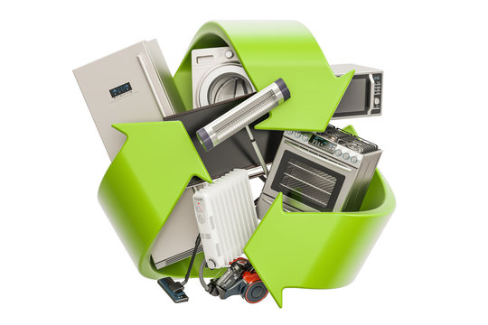 Green Recycle Symbol With Household Appliances, 3D Rendering