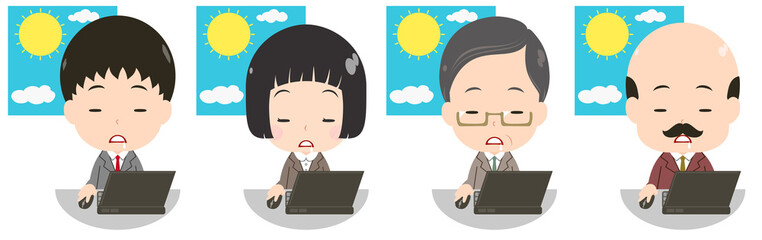 昼にパソコンを使うビジネスマンセット　うとうと