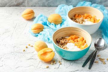 Homemade yogurt with granola, apricot and pine nuts