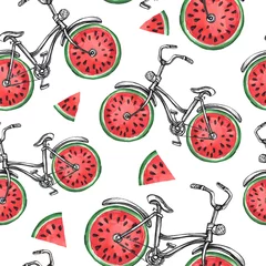 Wall murals Watermelon Watercolor seamless pattern bicycles with watermelon wheels. Colorful summer background.